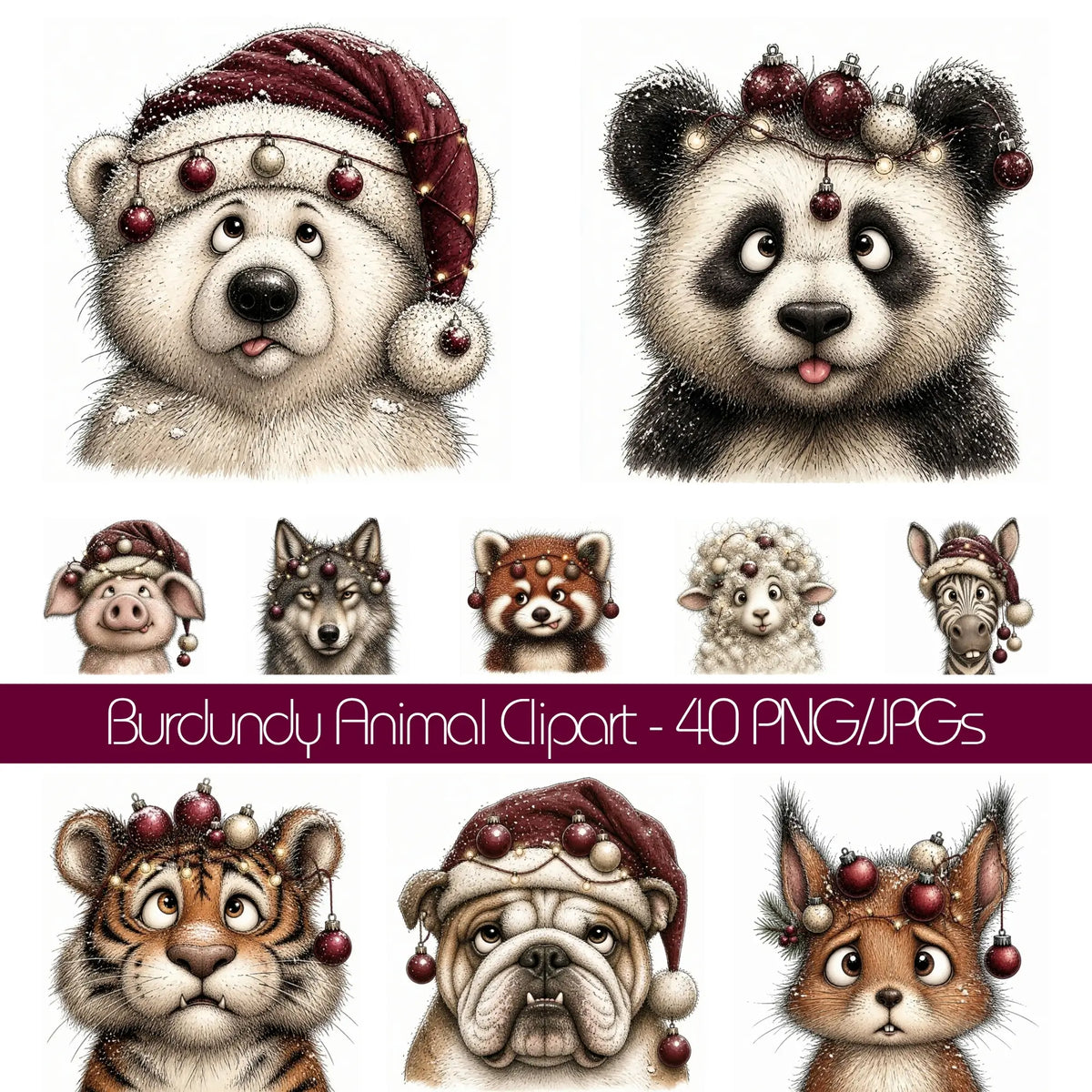 Burgundy Christmas Animal Portrait Clipart