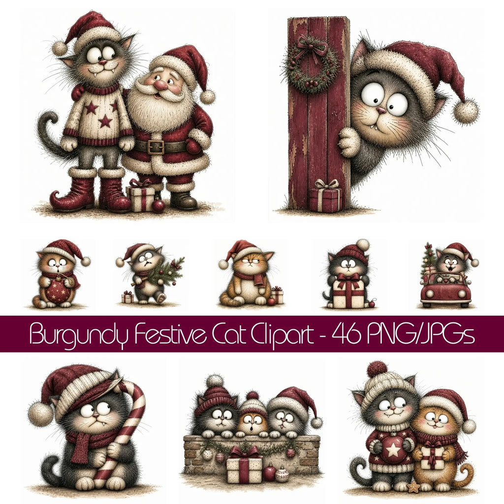 Burgundy Christmas Cat Clipart