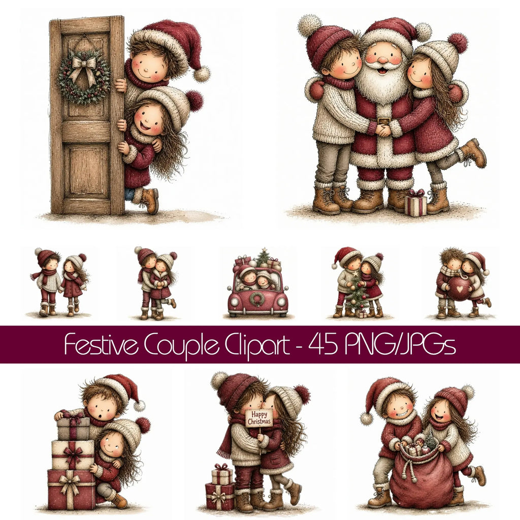 Burgundy Christmas Couple Clipart