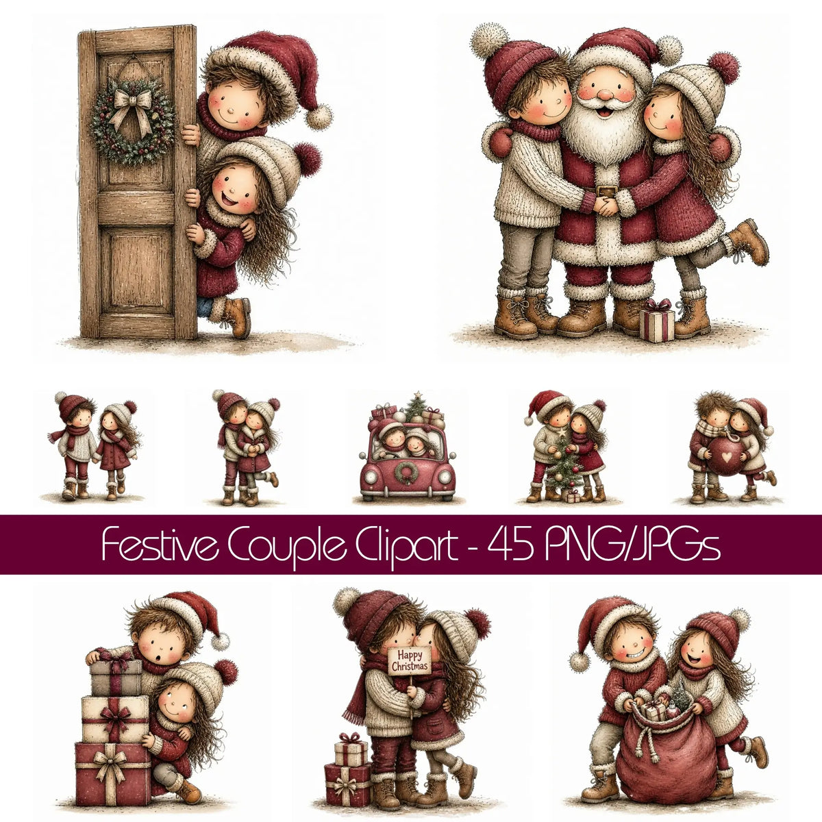 Burgundy Christmas Couple Clipart