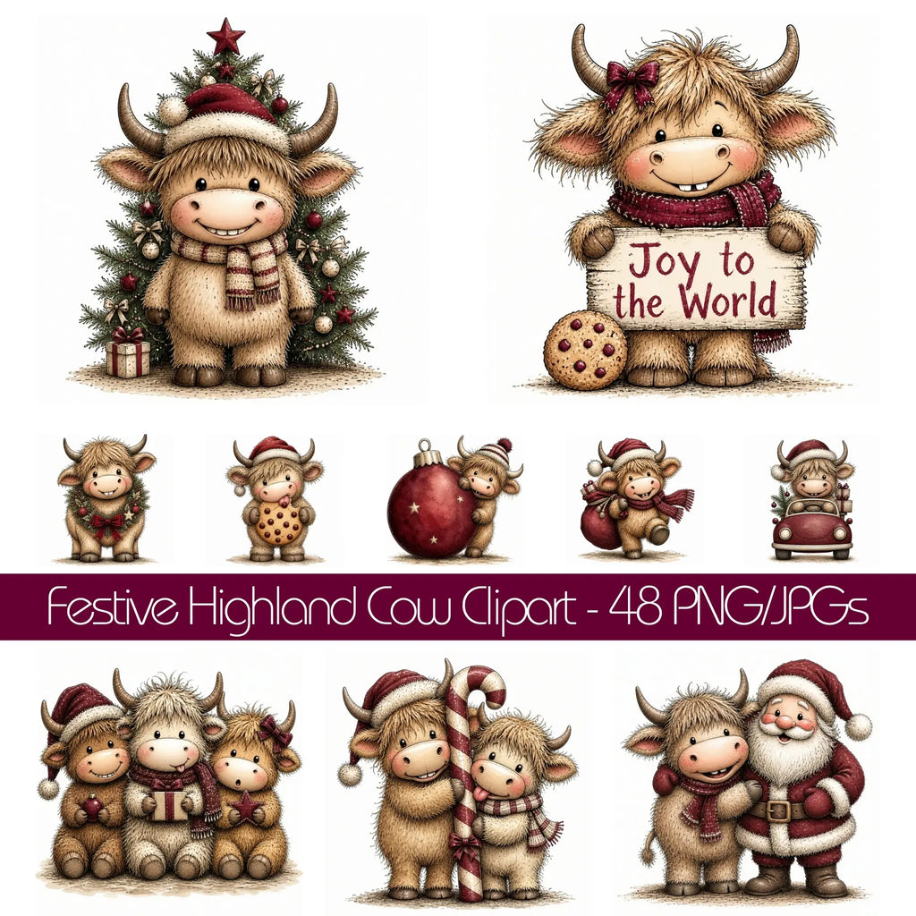 Burgundy Christmas Highland Cow Clipart