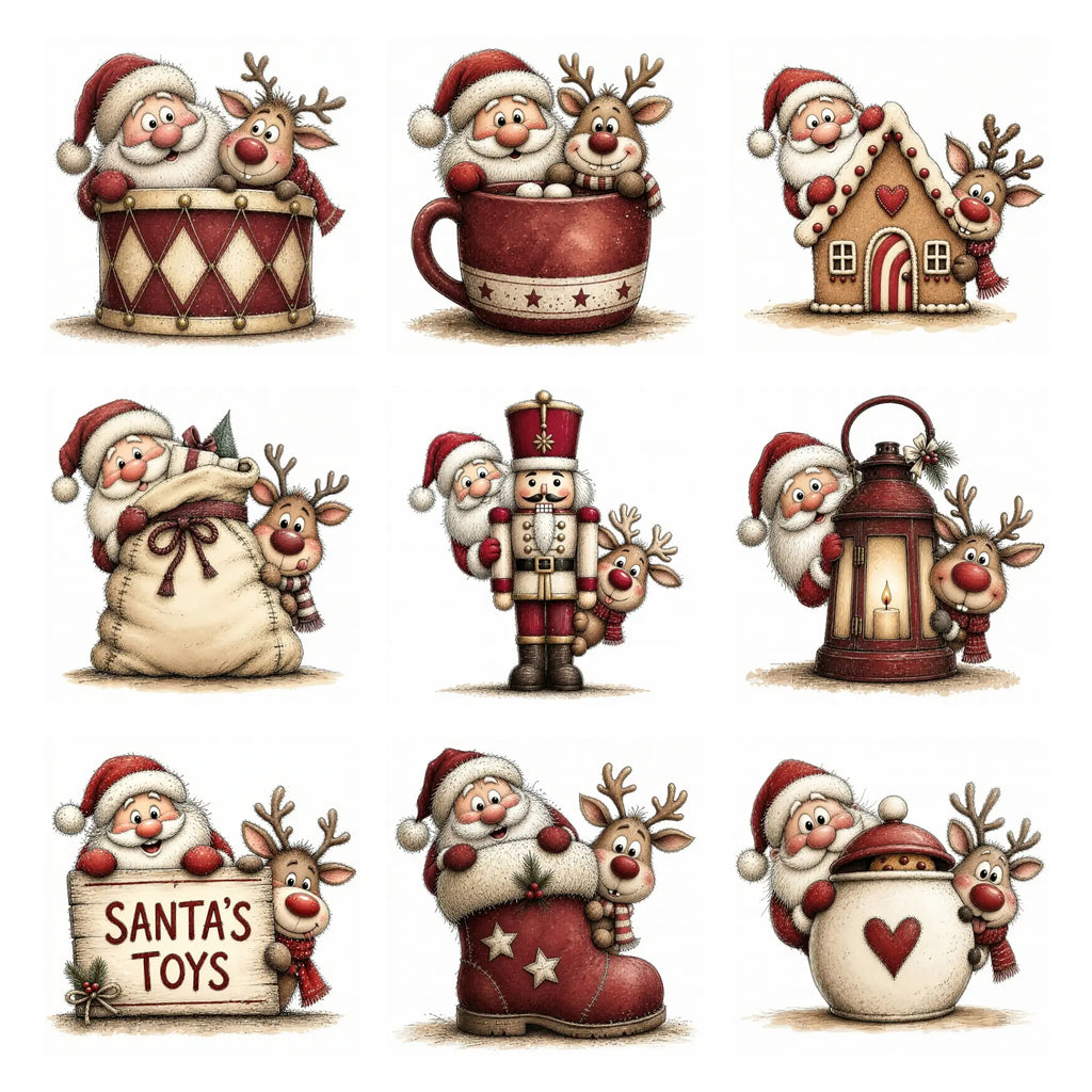 Burgundy Santa & Reindeer Peeking Christmas Clipart