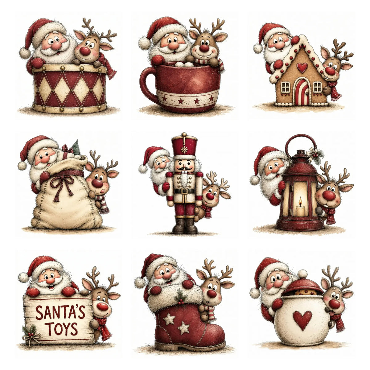 Burgundy Santa & Reindeer Peeking Christmas Clipart