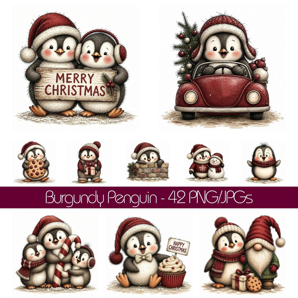 Burgundy Christmas Penguin Clipart