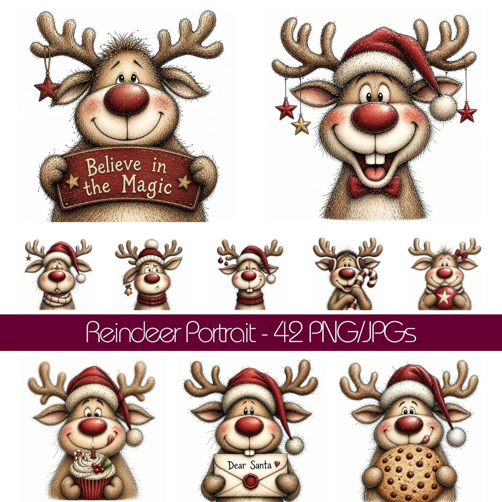 Burgundy Christmas Reindeer Portrait Clipart