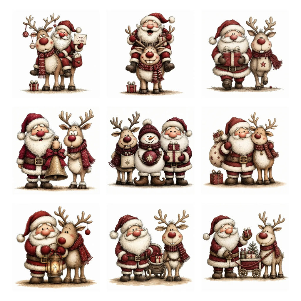 Burgundy Santa & Reindeer Christmas Clipart