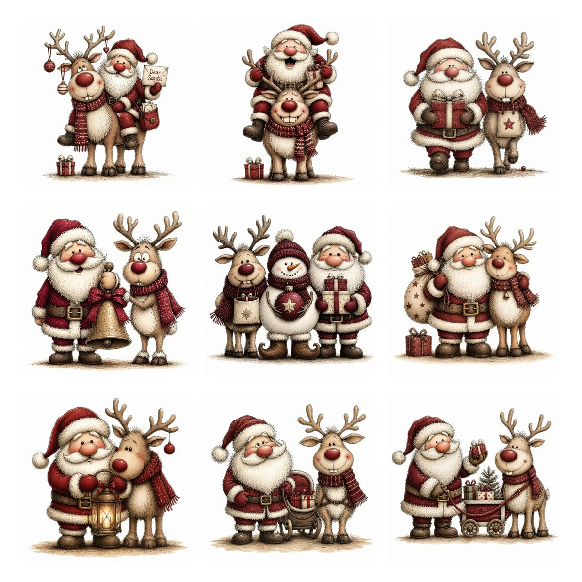 Burgundy Santa & Reindeer Christmas Clipart