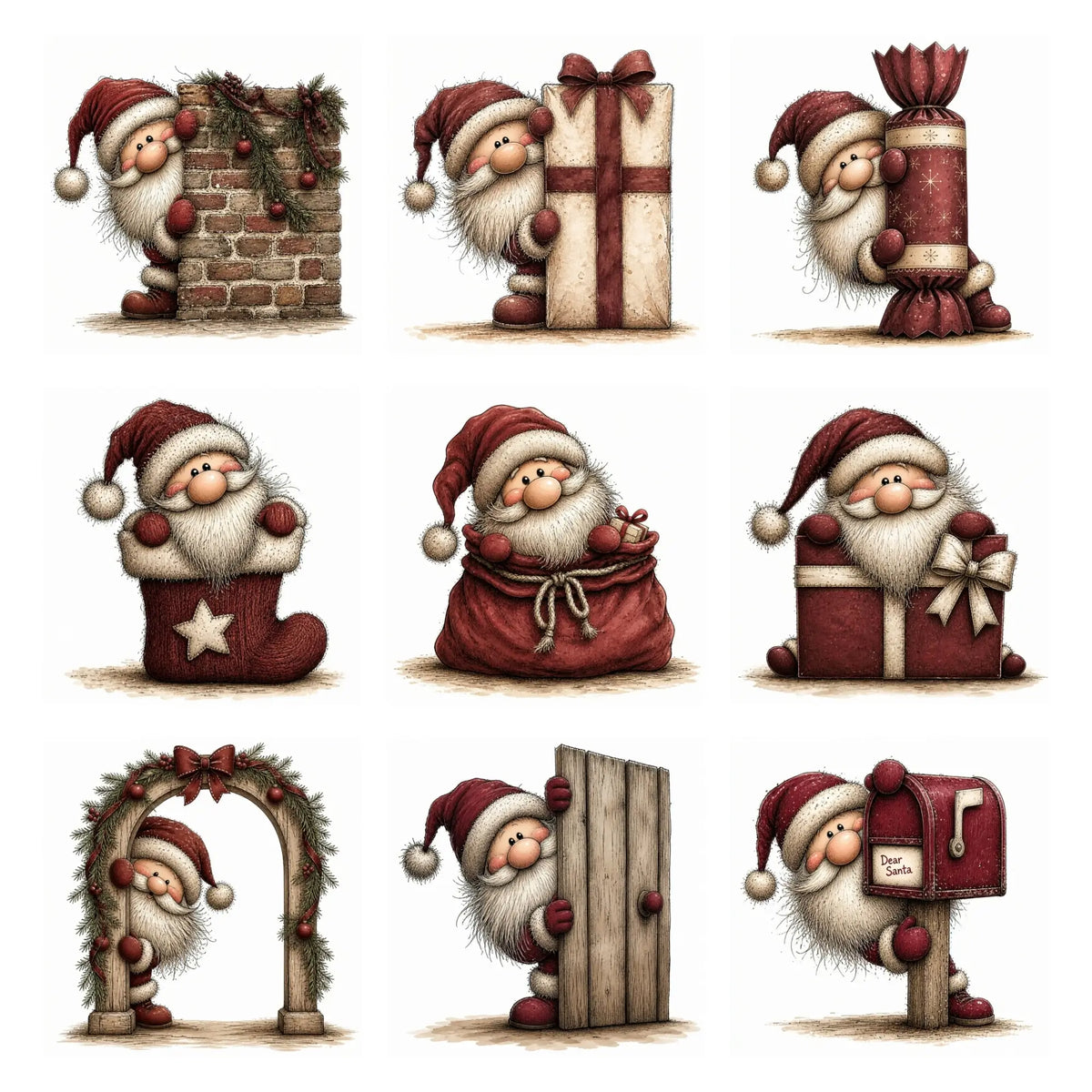 Burgundy Peeking Santa Christmas Clipart
