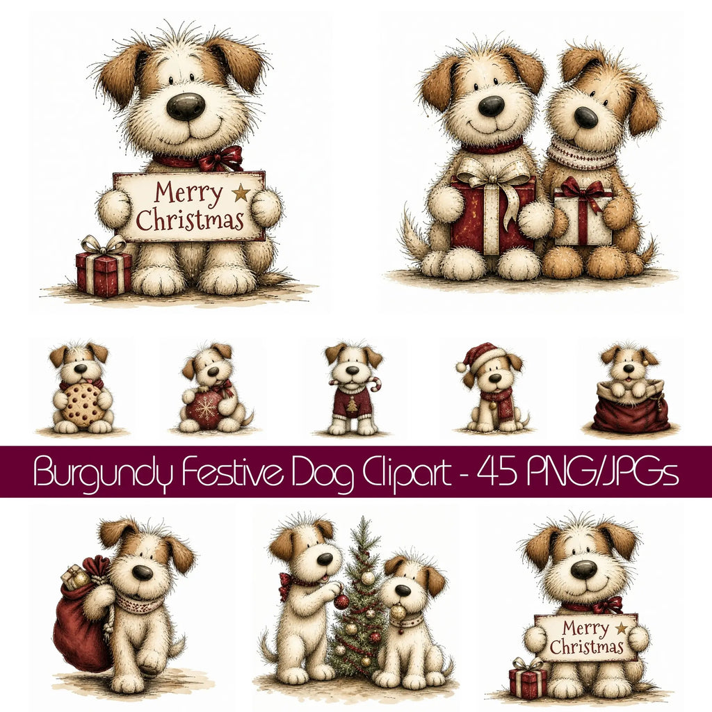 Burgundy Christmas Shaggy Dog Clipart