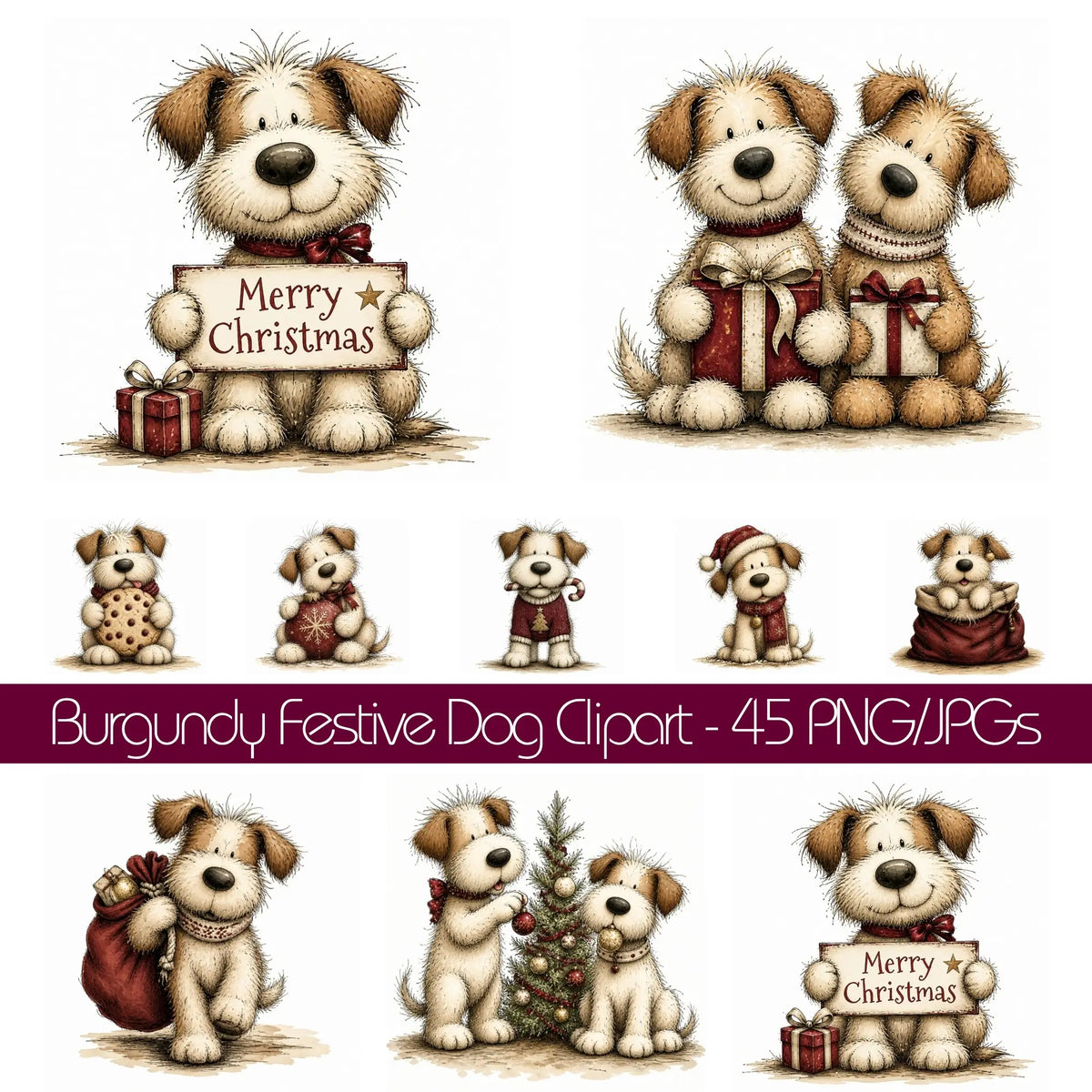 Burgundy Christmas Shaggy Dog Clipart
