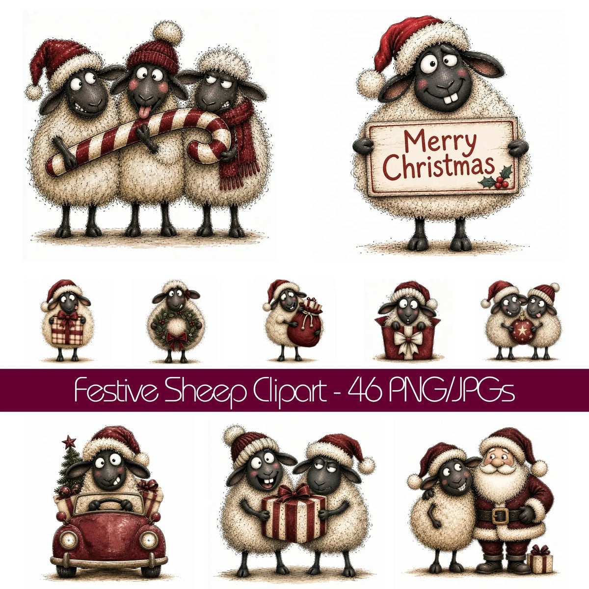 Burgundy Christmas Sheep Clipart