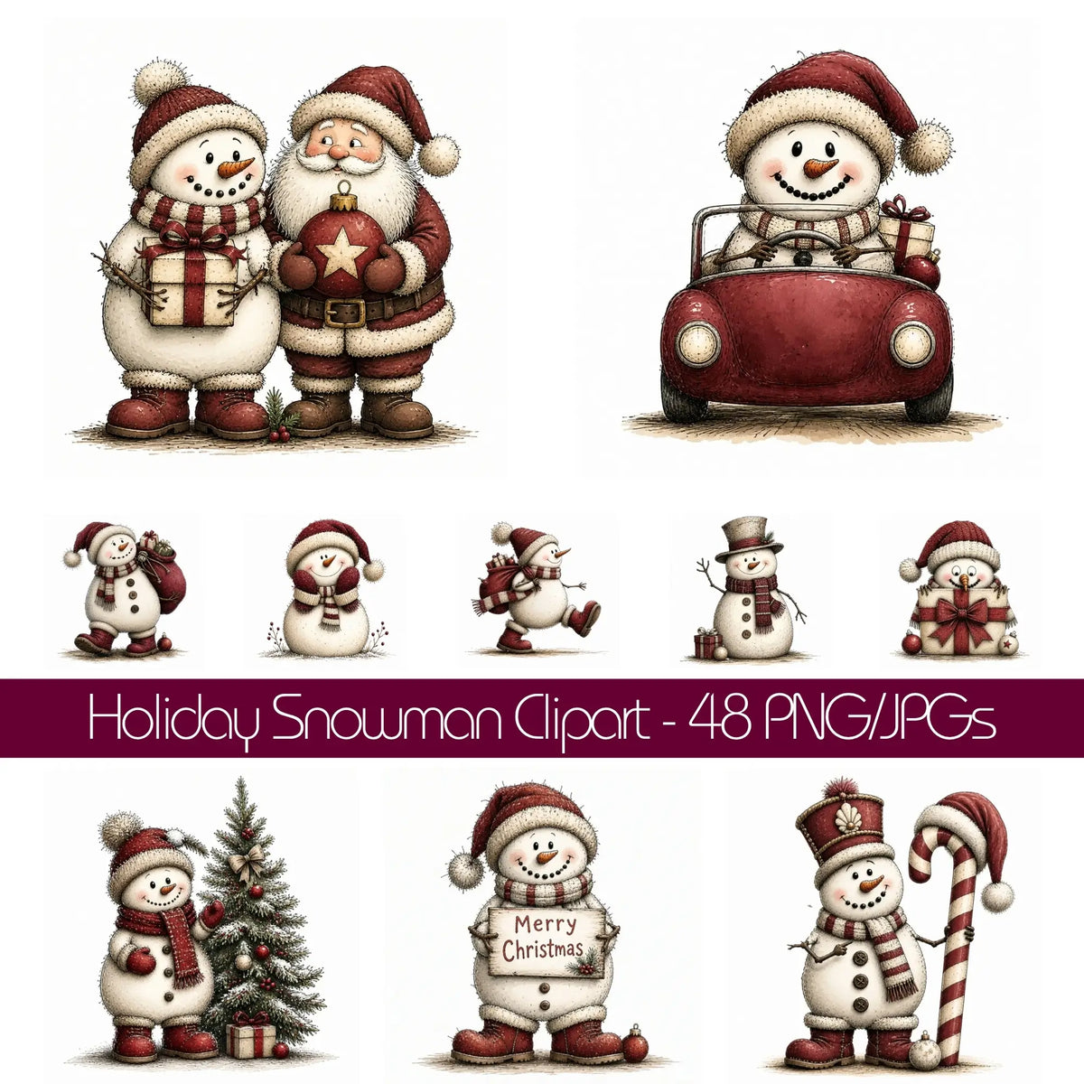 Burgundy Christmas Snowman Clipart