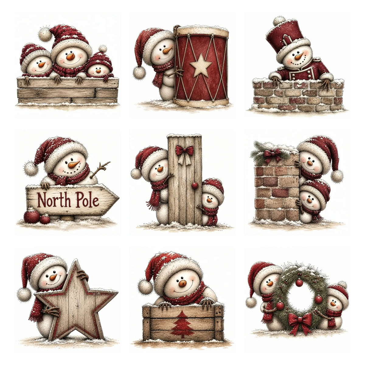 Burgundy Peeking Snowman Christmas Clipart