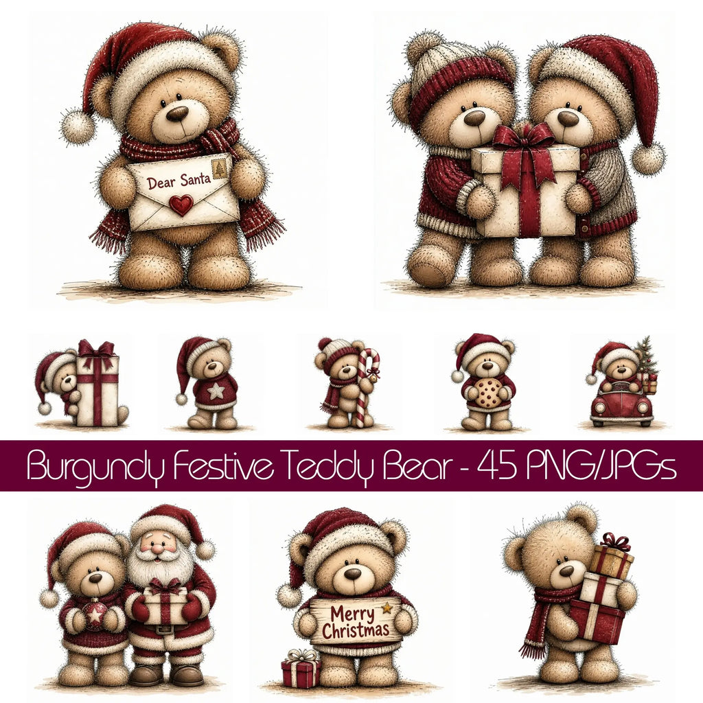 Burgundy Christmas Teddy Bear Clipart