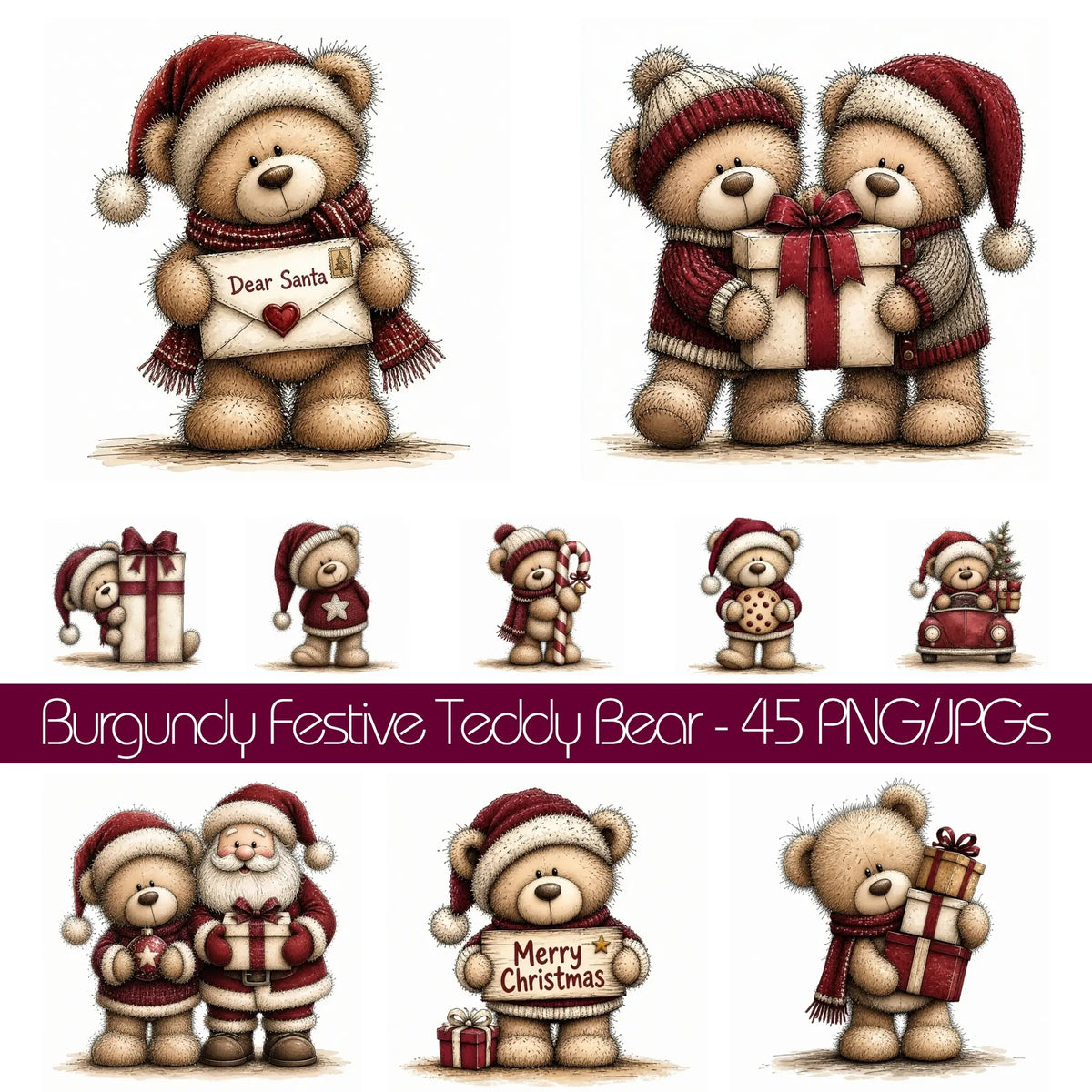 Burgundy Christmas Teddy Bear Clipart