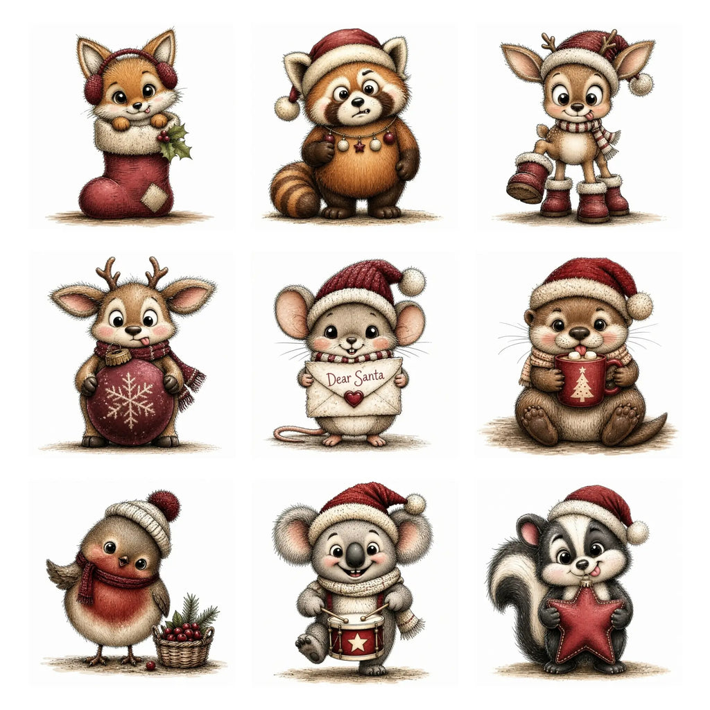 Burgundy Woodland Christmas Animal Clipart