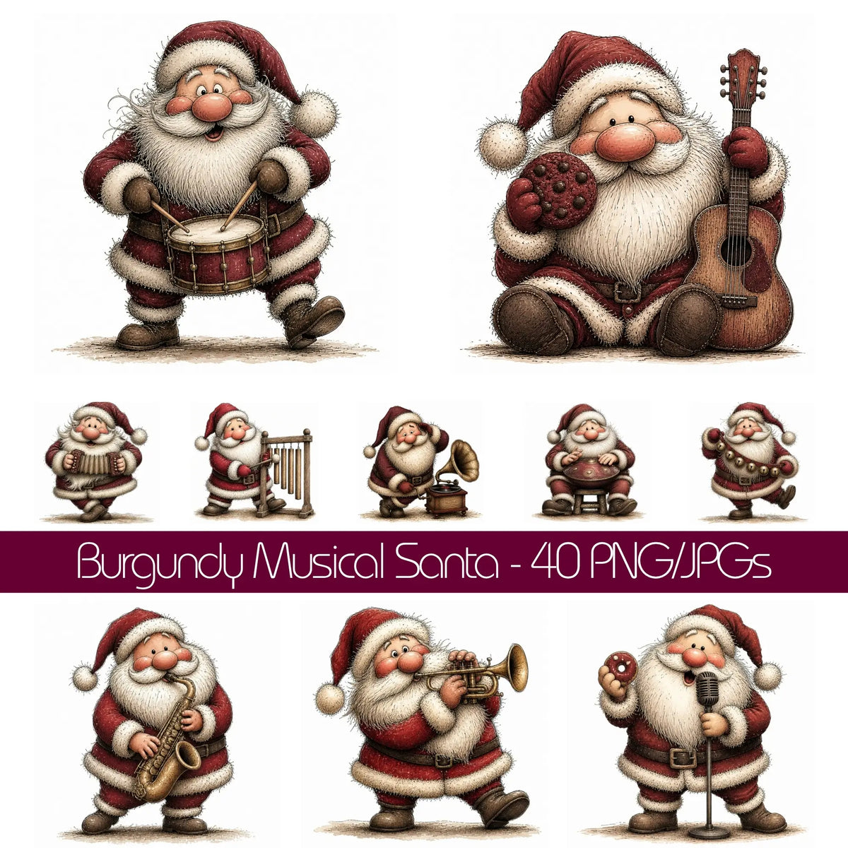 Burgundy Musical Santa Christmas Clipart