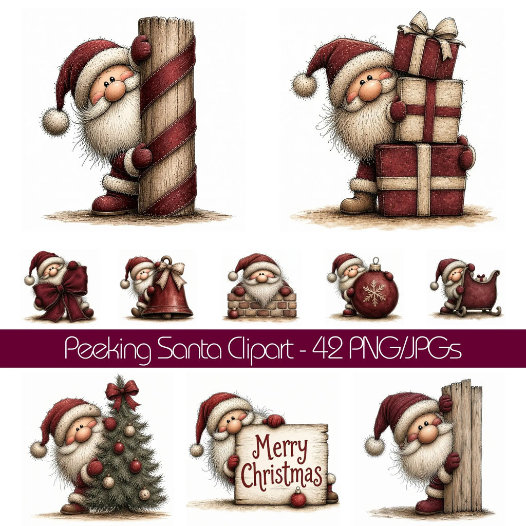 Burgundy Peeking Santa Christmas Clipart
