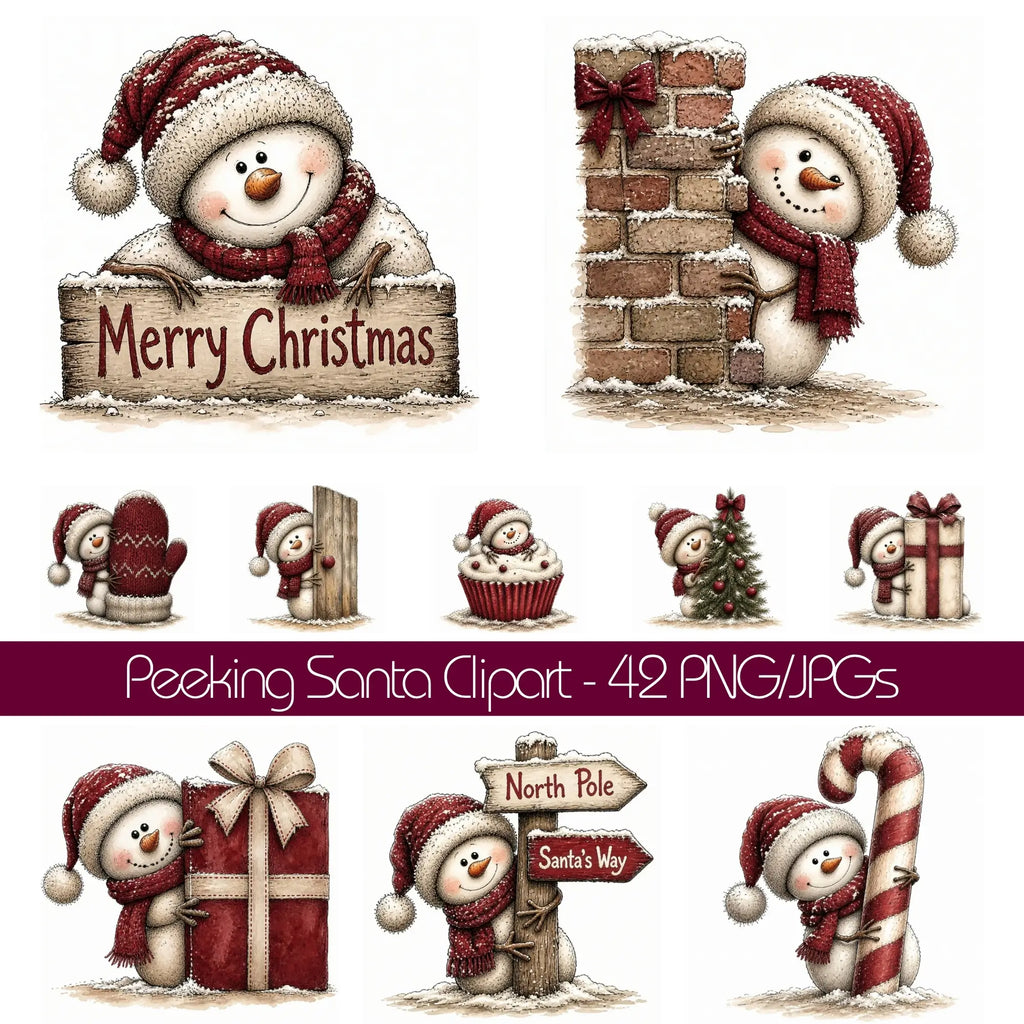 Burgundy Peeking Snowman Christmas Clipart