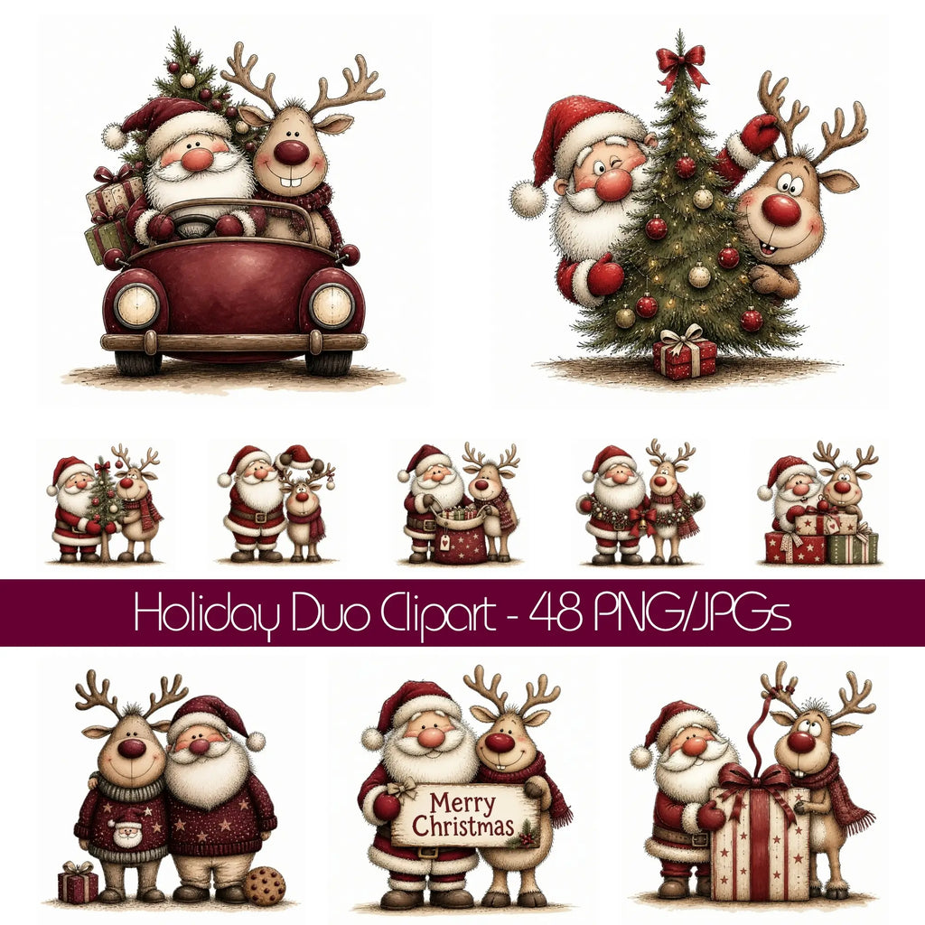Burgundy Santa & Reindeer Christmas Clipart