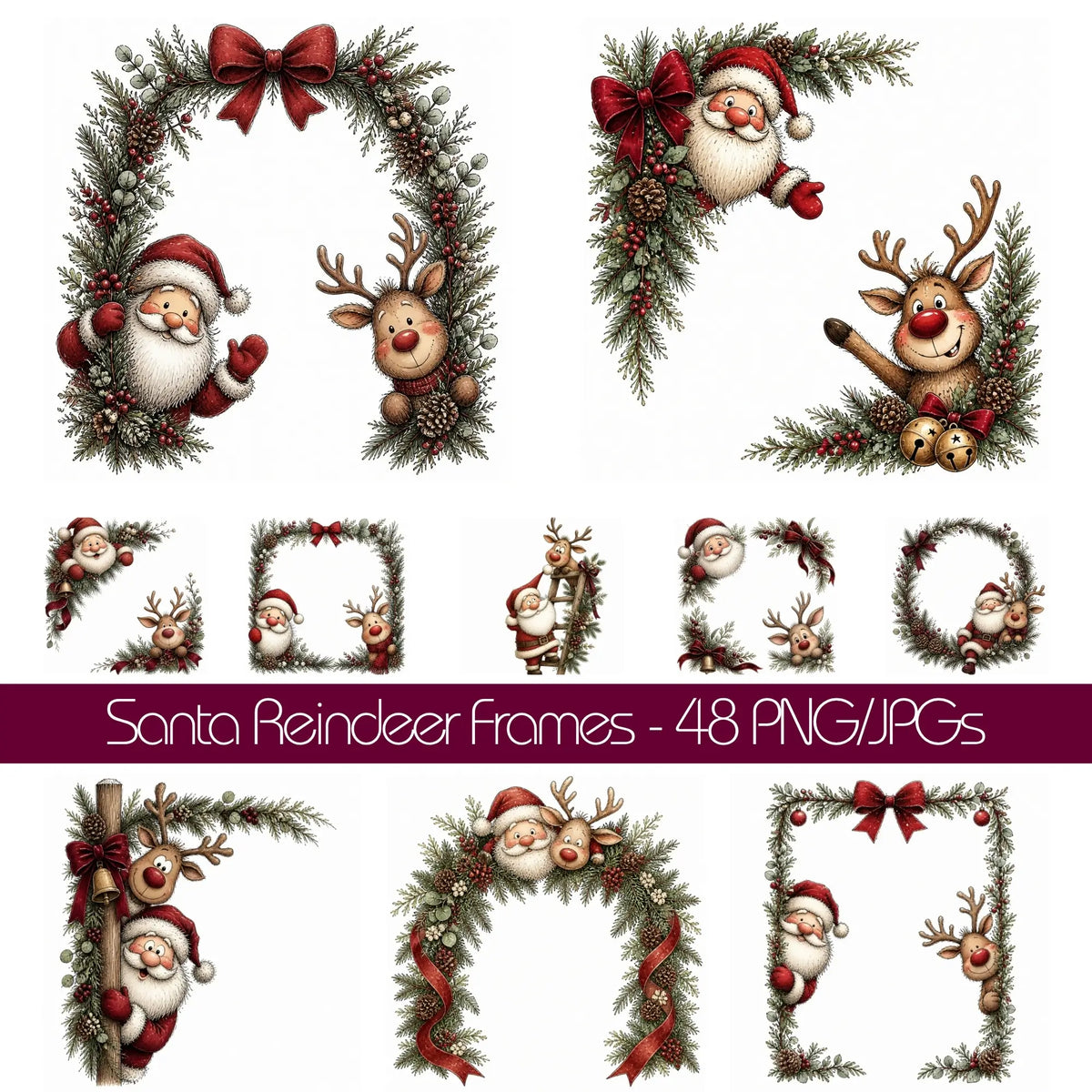 Burgundy Santa & Reindeer Christmas Frames & Wreaths Clipart