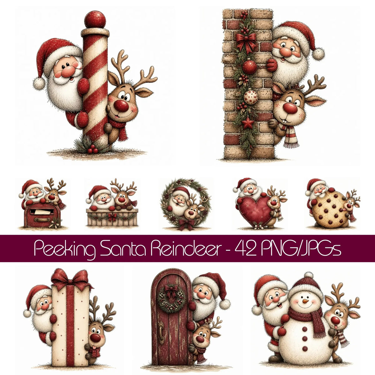Burgundy Santa & Reindeer Peeking Christmas Clipart