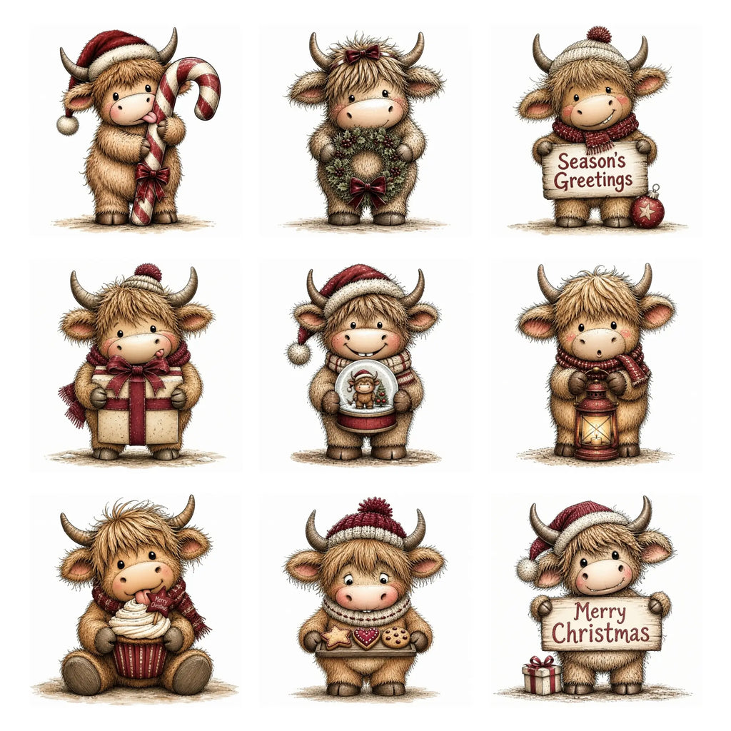 Burgundy Christmas Highland Cow Clipart