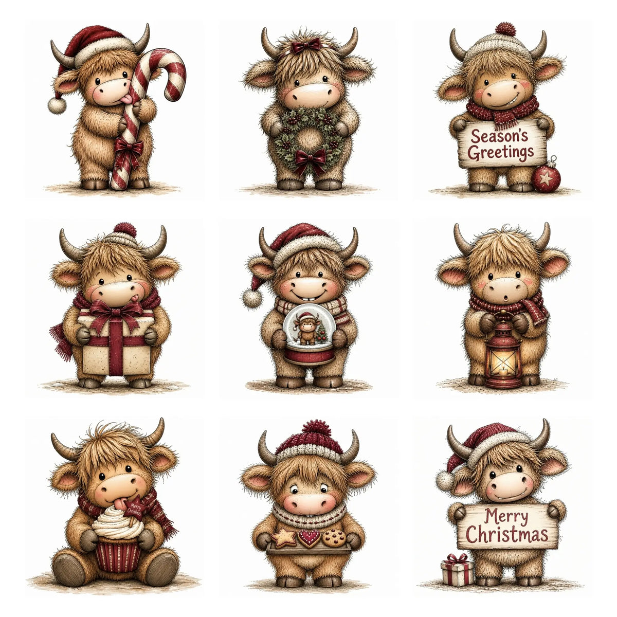 Burgundy Christmas Highland Cow Clipart