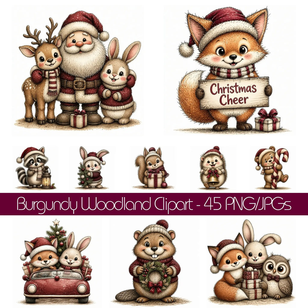 Burgundy Woodland Christmas Animal Clipart