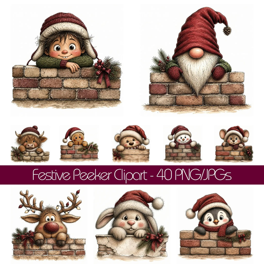 Whimsical watercolor burgundy Christmas peekers clipart bundle featuring cute holiday animals and festive characters in playful peeking poses with rich burgundy winter accessories and charming seasonal details in high-quality PNG and JPG formats, perfect for Christmas cards, invitations, stickers, scrapbooking, holiday crafts, and commercial digital designs.