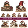 Whimsical watercolor burgundy Christmas peekers clipart bundle featuring cute holiday animals and festive characters in playful peeking poses with rich burgundy winter accessories and charming seasonal details in high-quality PNG and JPG formats, perfect for Christmas cards, invitations, stickers, scrapbooking, holiday crafts, and commercial digital designs.