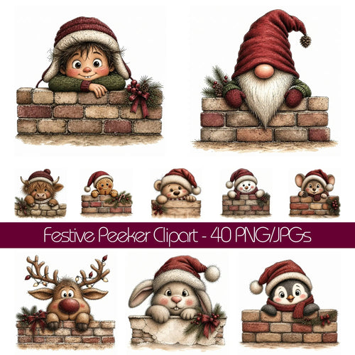Whimsical watercolor burgundy Christmas peekers clipart bundle featuring cute holiday animals and festive characters in playful peeking poses with rich burgundy winter accessories and charming seasonal details in high-quality PNG and JPG formats, perfect for Christmas cards, invitations, stickers, scrapbooking, holiday crafts, and commercial digital designs.