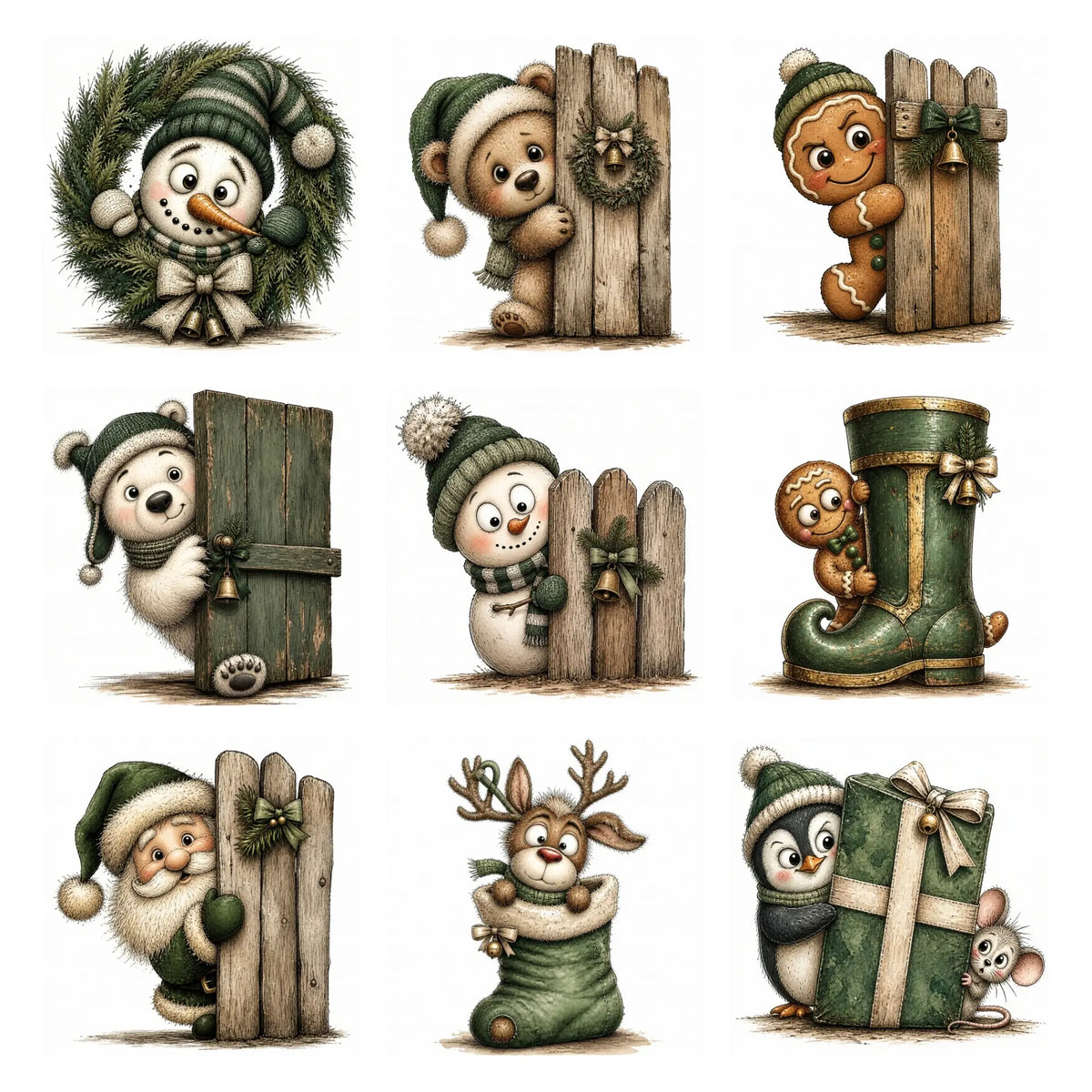 Green Christmas Peeking Animals & Characters Clipart