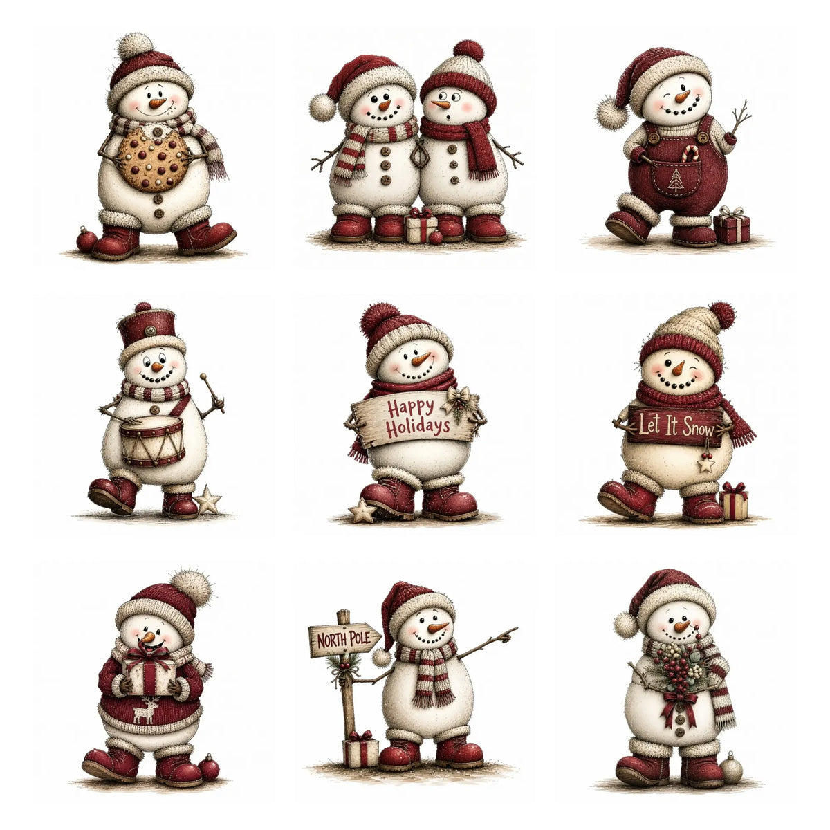 Burgundy Christmas Snowman Clipart