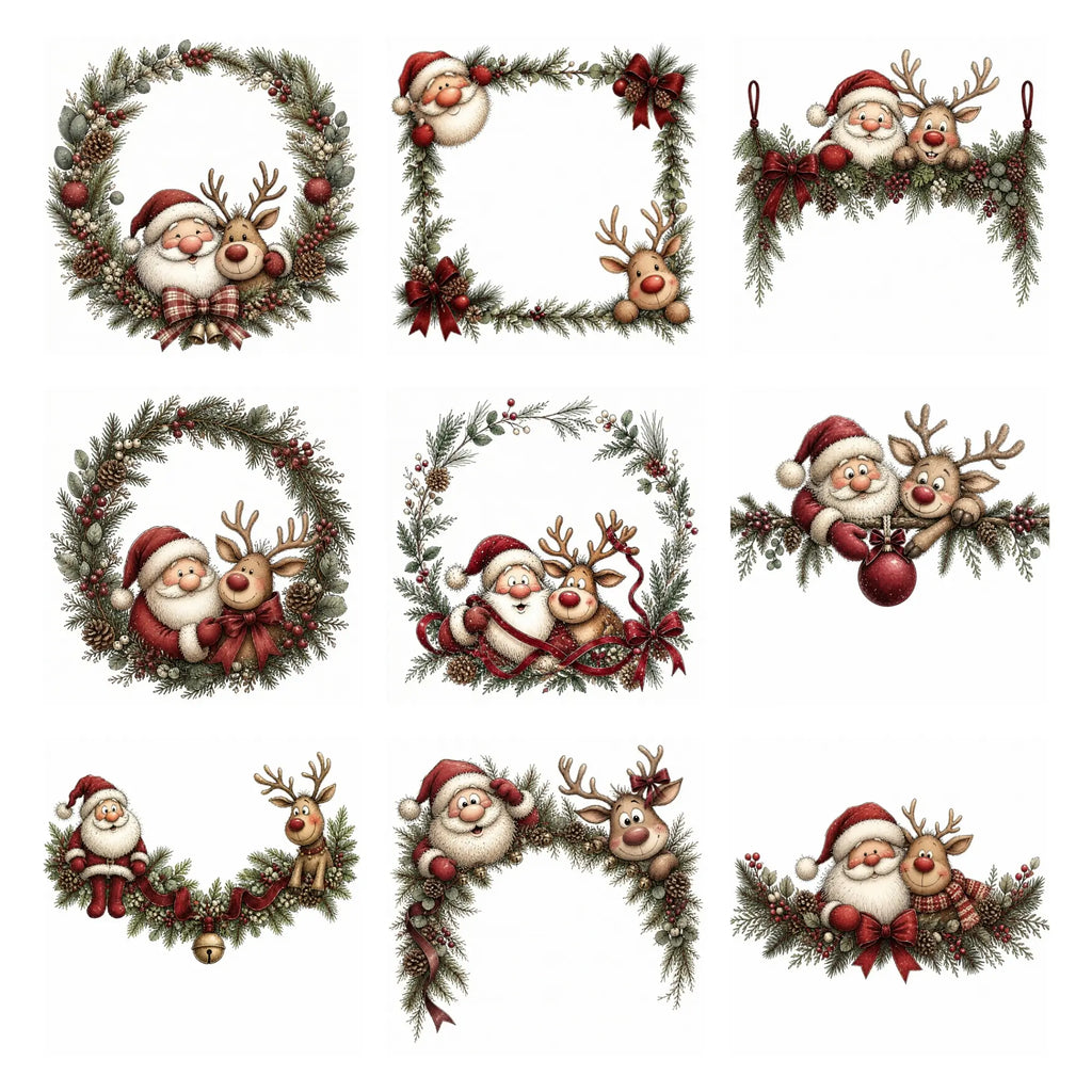 Burgundy Santa & Reindeer Christmas Frames & Wreaths Clipart