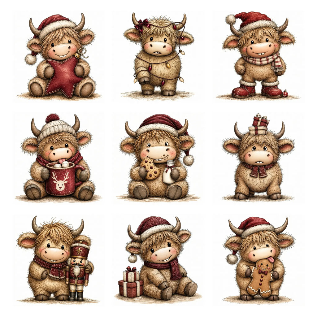 Burgundy Christmas Highland Cow Clipart