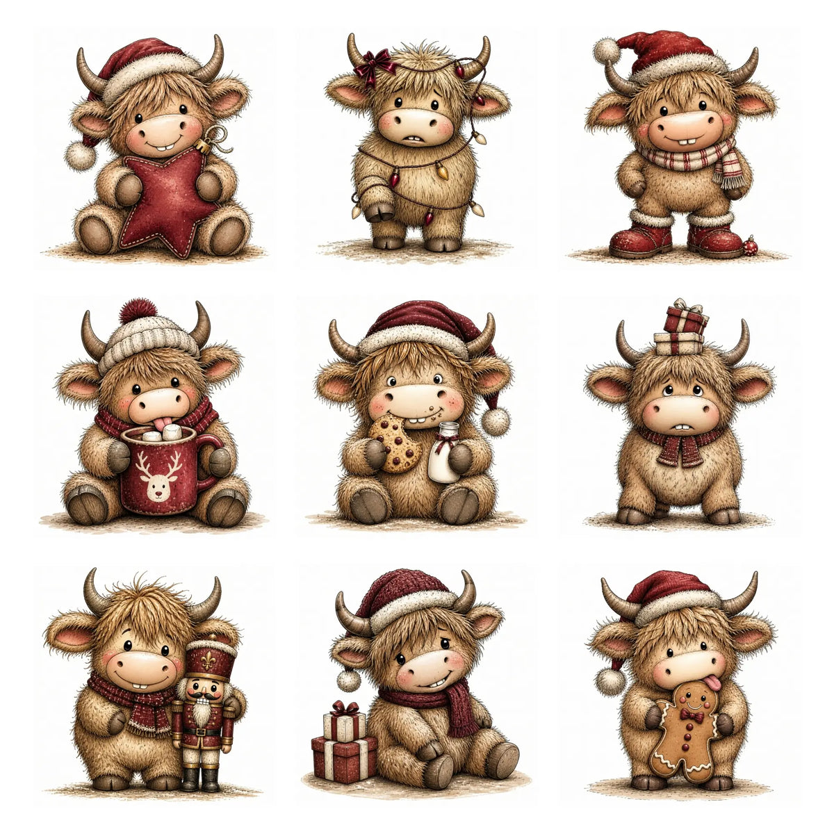 Burgundy Christmas Highland Cow Clipart