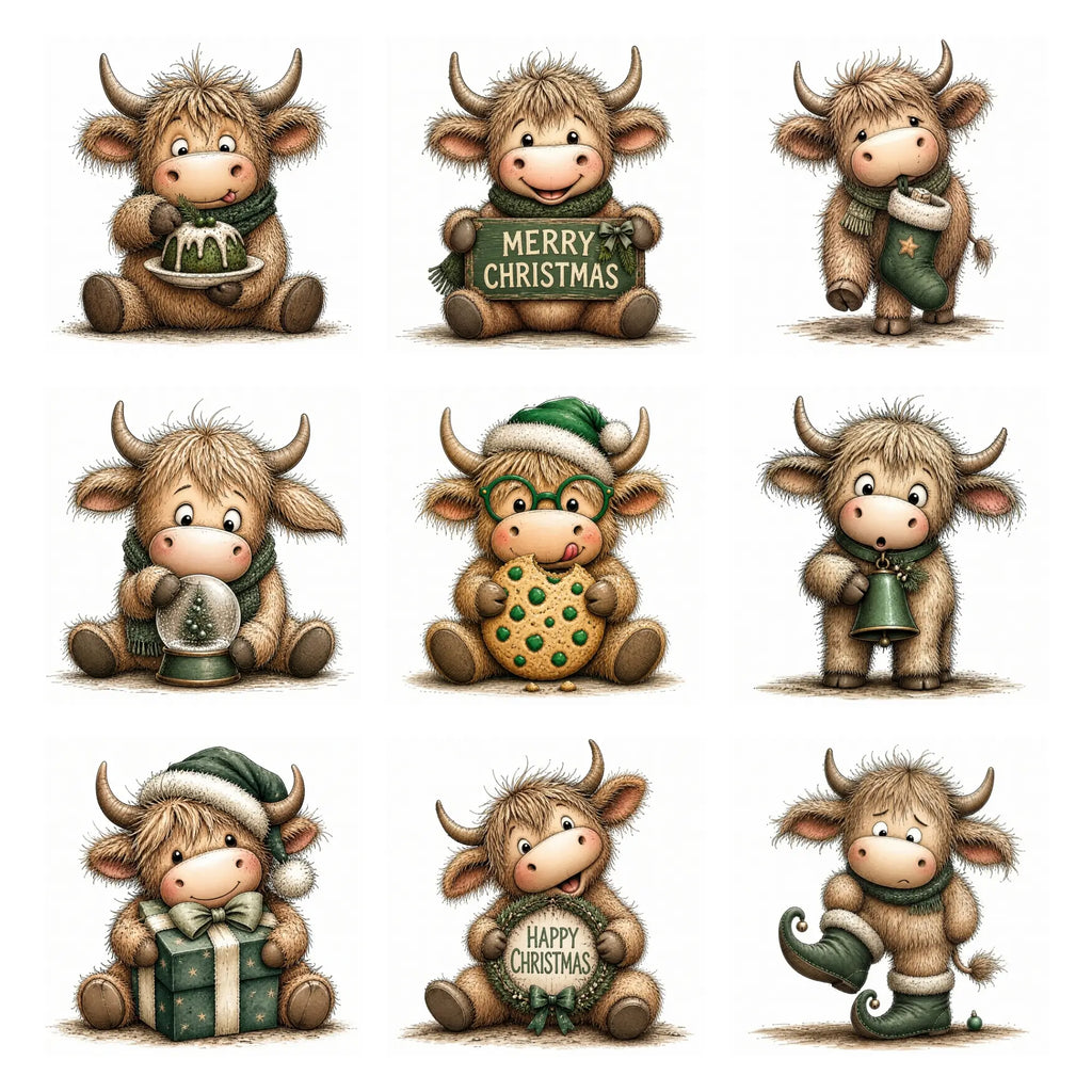 Green Christmas Highland Cow Clipart