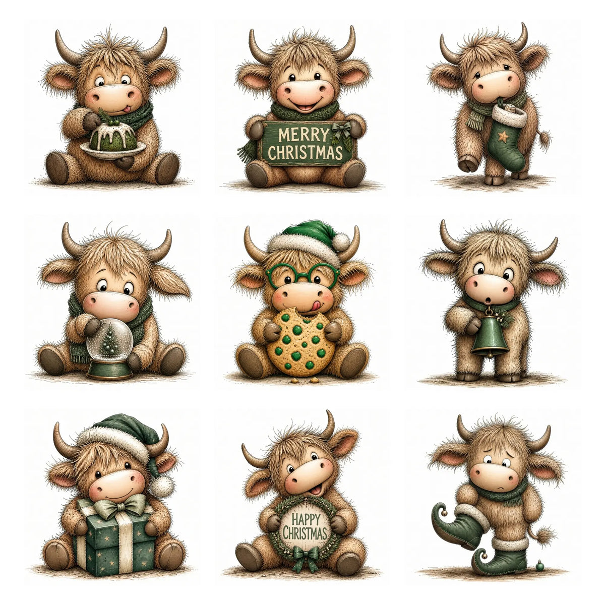 Green Christmas Highland Cow Clipart