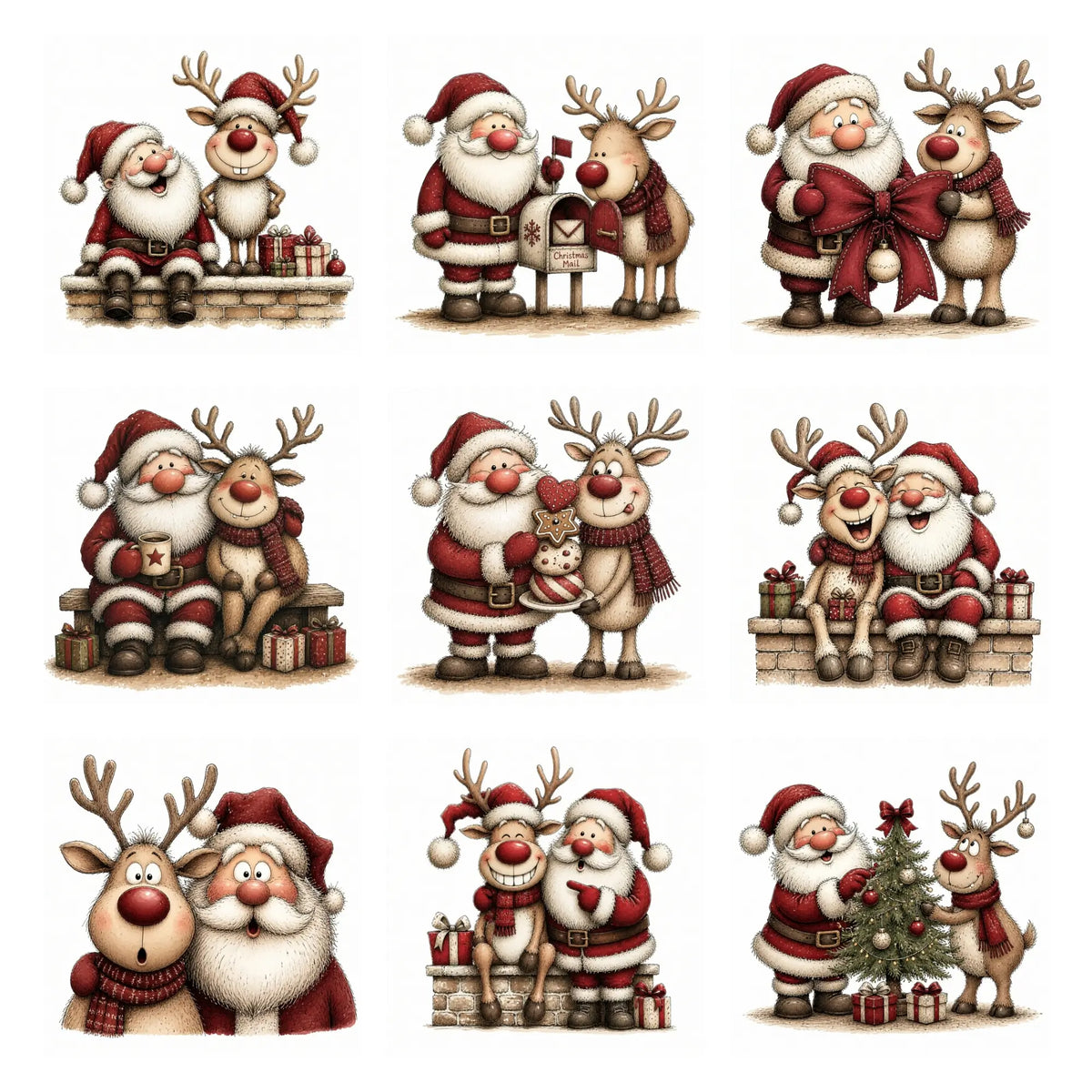 Burgundy Santa & Reindeer Christmas Clipart