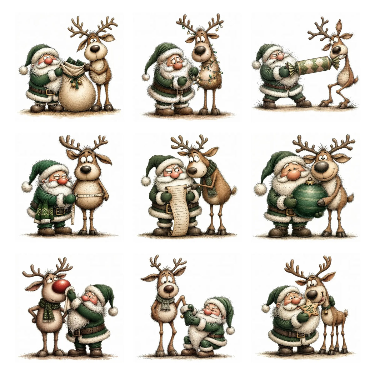 Green Santa & Reindeer Christmas Clipart
