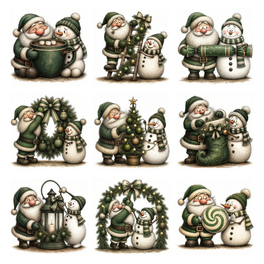 Green Santa & Snowman Christmas Clipart