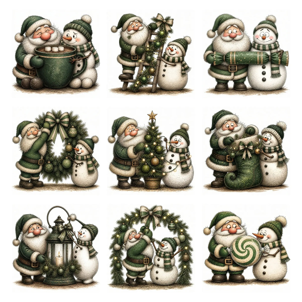 Green Santa & Snowman Christmas Clipart
