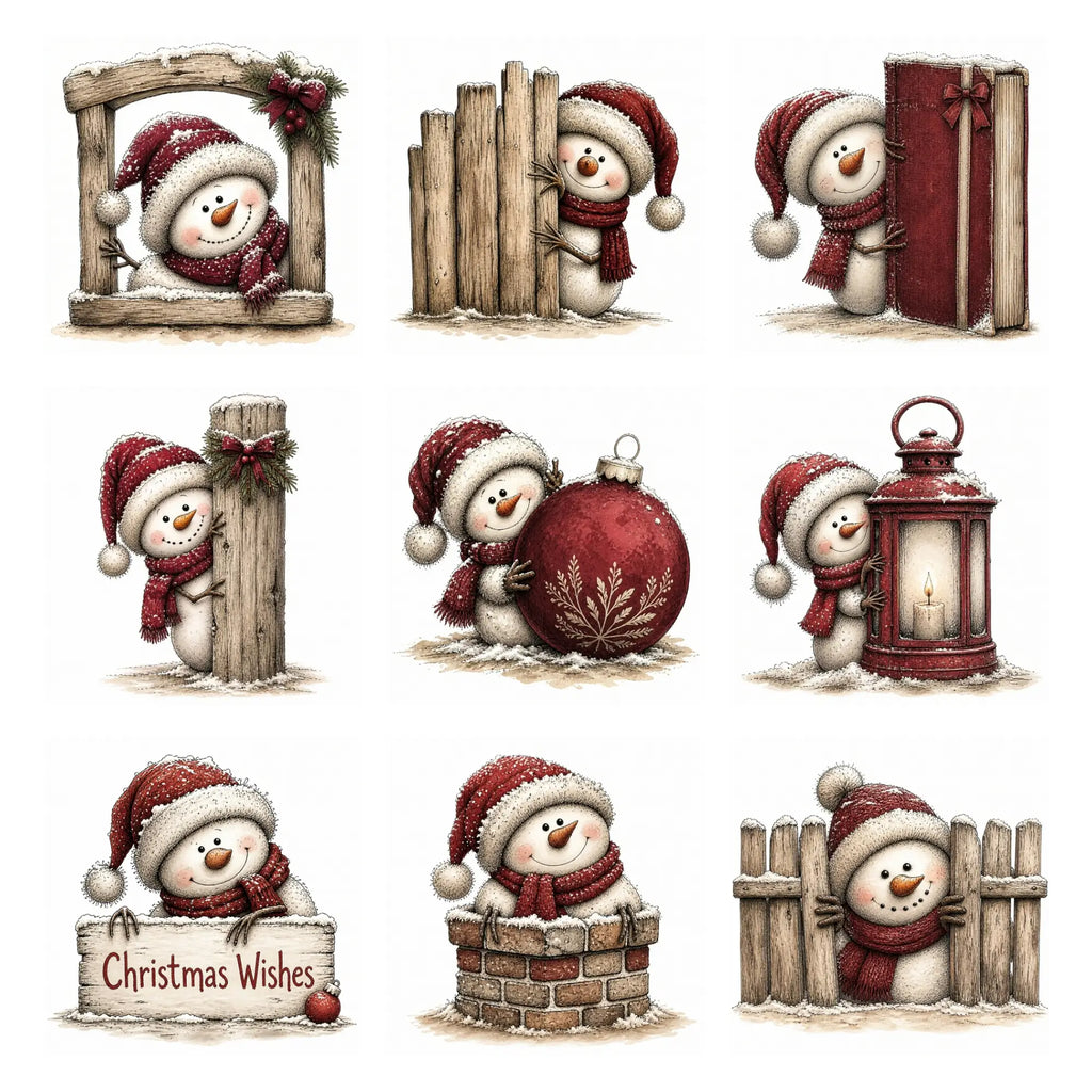 Burgundy Peeking Snowman Christmas Clipart