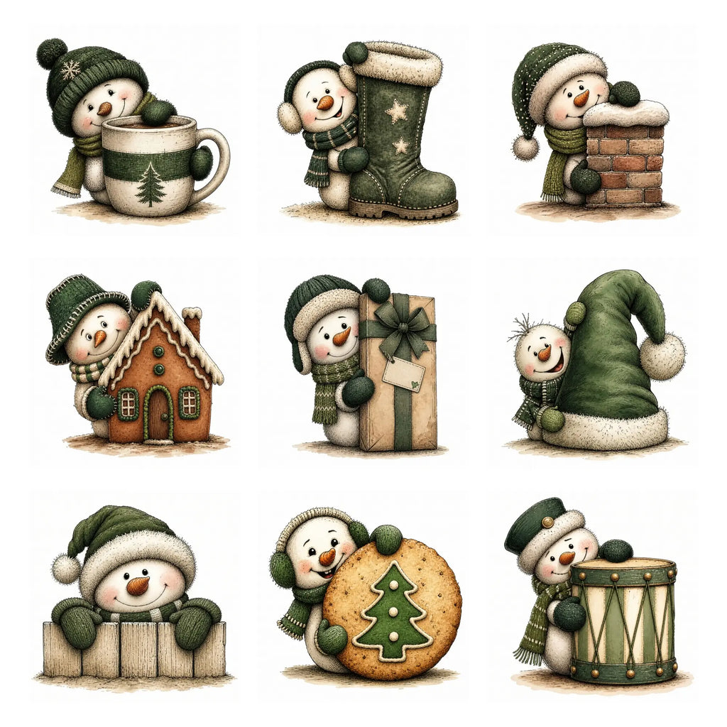 Green Peeking Snowman Christmas Clipart