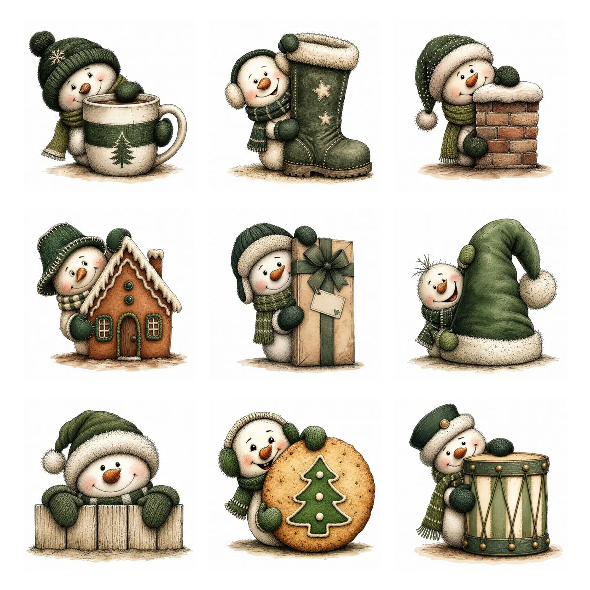 Green Peeking Snowman Christmas Clipart