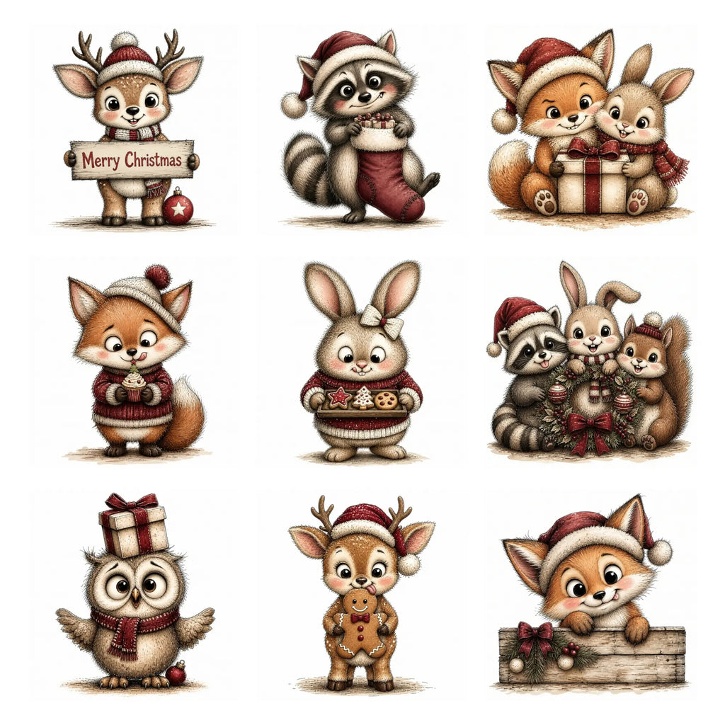 Burgundy Woodland Christmas Animal Clipart