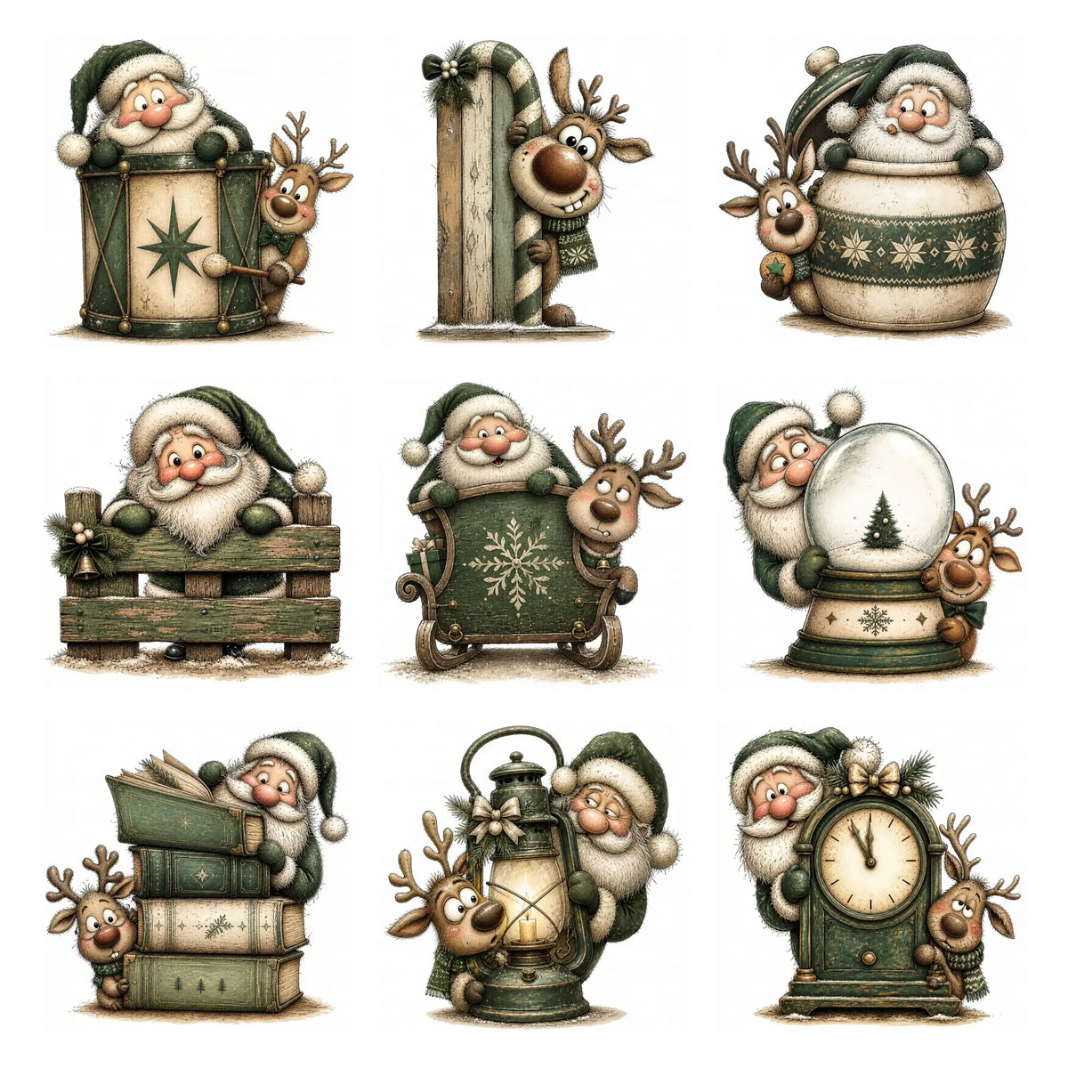 Green Santa & Reindeer Peeking Christmas Clipart