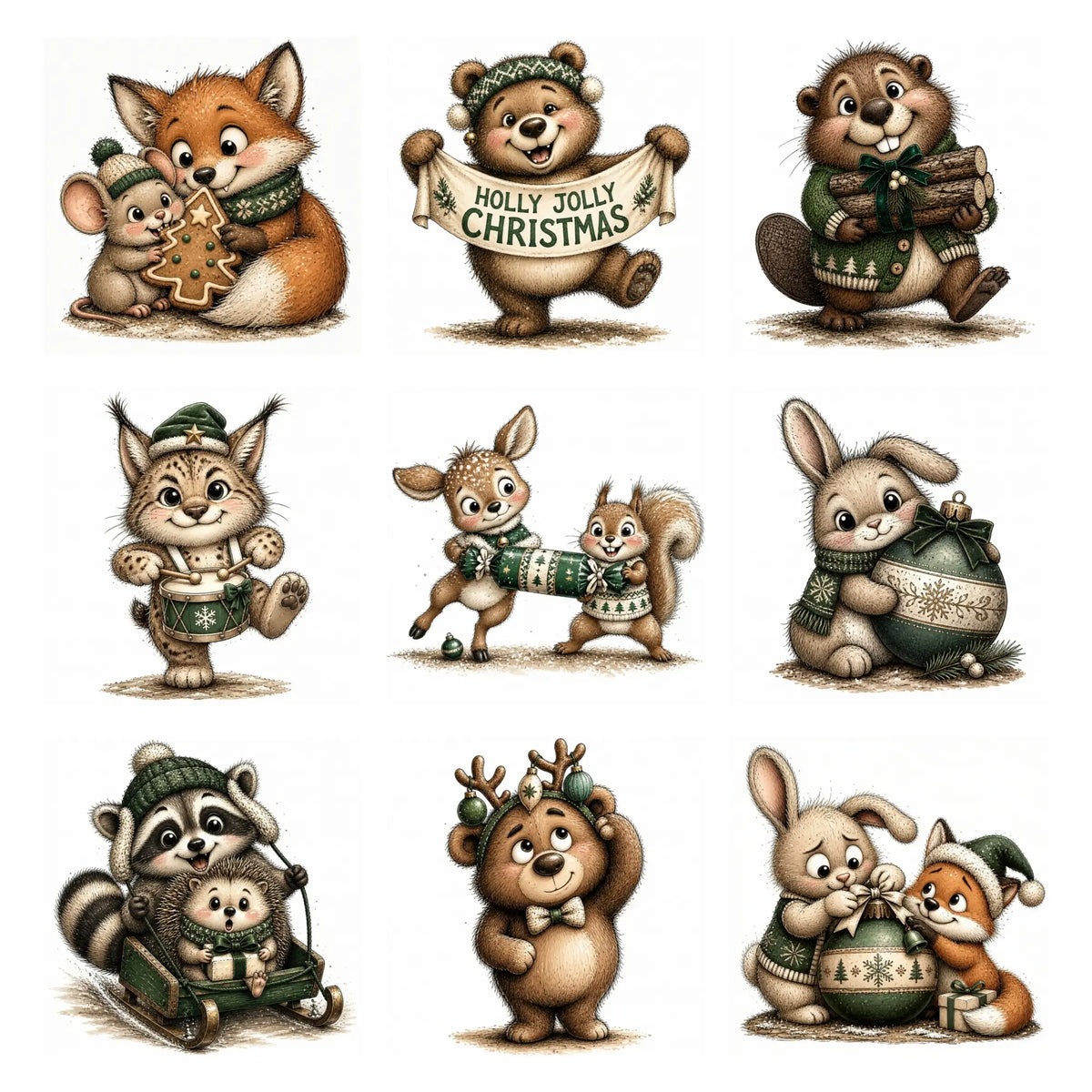 Green Christmas Woodland Animal Clipart