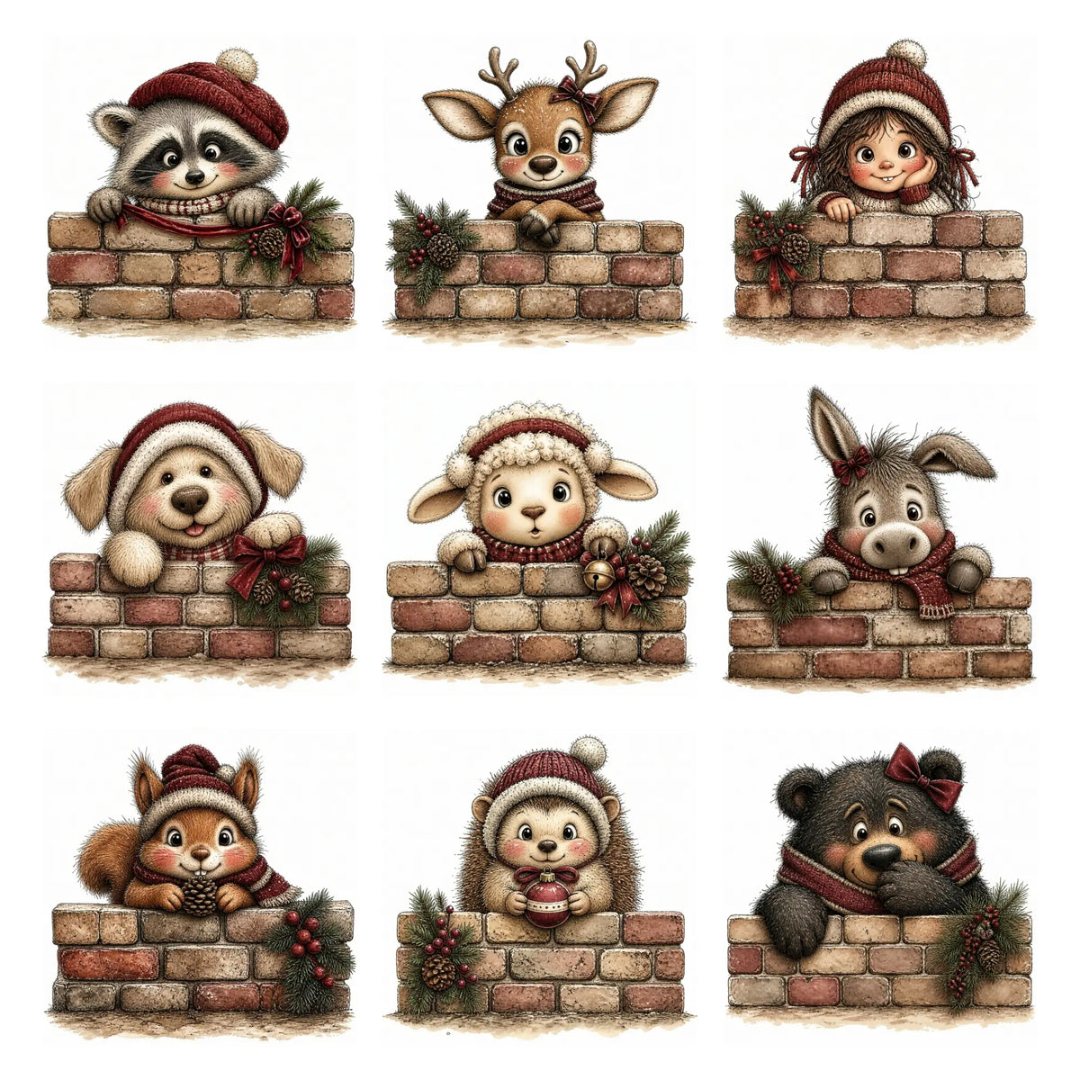 Whimsical watercolor burgundy Christmas peekers clipart bundle featuring cute holiday animals and festive characters in playful peeking poses with rich burgundy winter accessories and charming seasonal details in high-quality PNG and JPG formats, perfect for Christmas cards, invitations, stickers, scrapbooking, holiday crafts, and commercial digital designs.